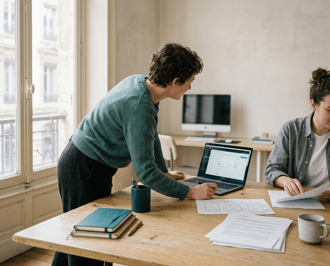 Espace de travail sobre et lumineux où se construit la plateforme MonPS