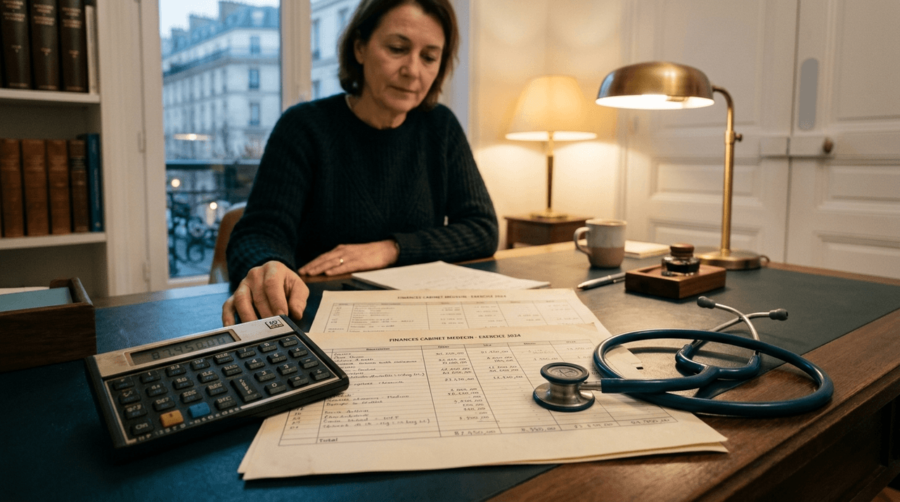 Calculatrice et feuilles de calcul de cotisations posées sur un bureau de cabinet médical