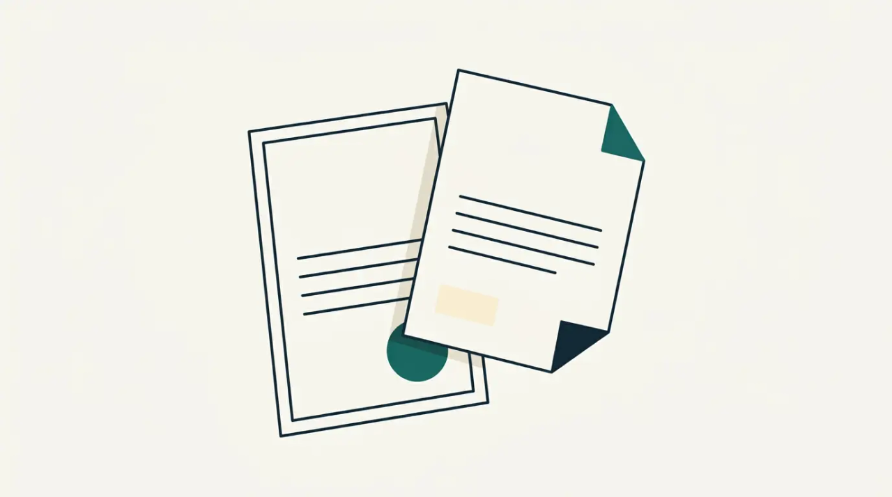Illustration au trait de deux documents d'honoraires superposés, accents teal et beige sur fond crème