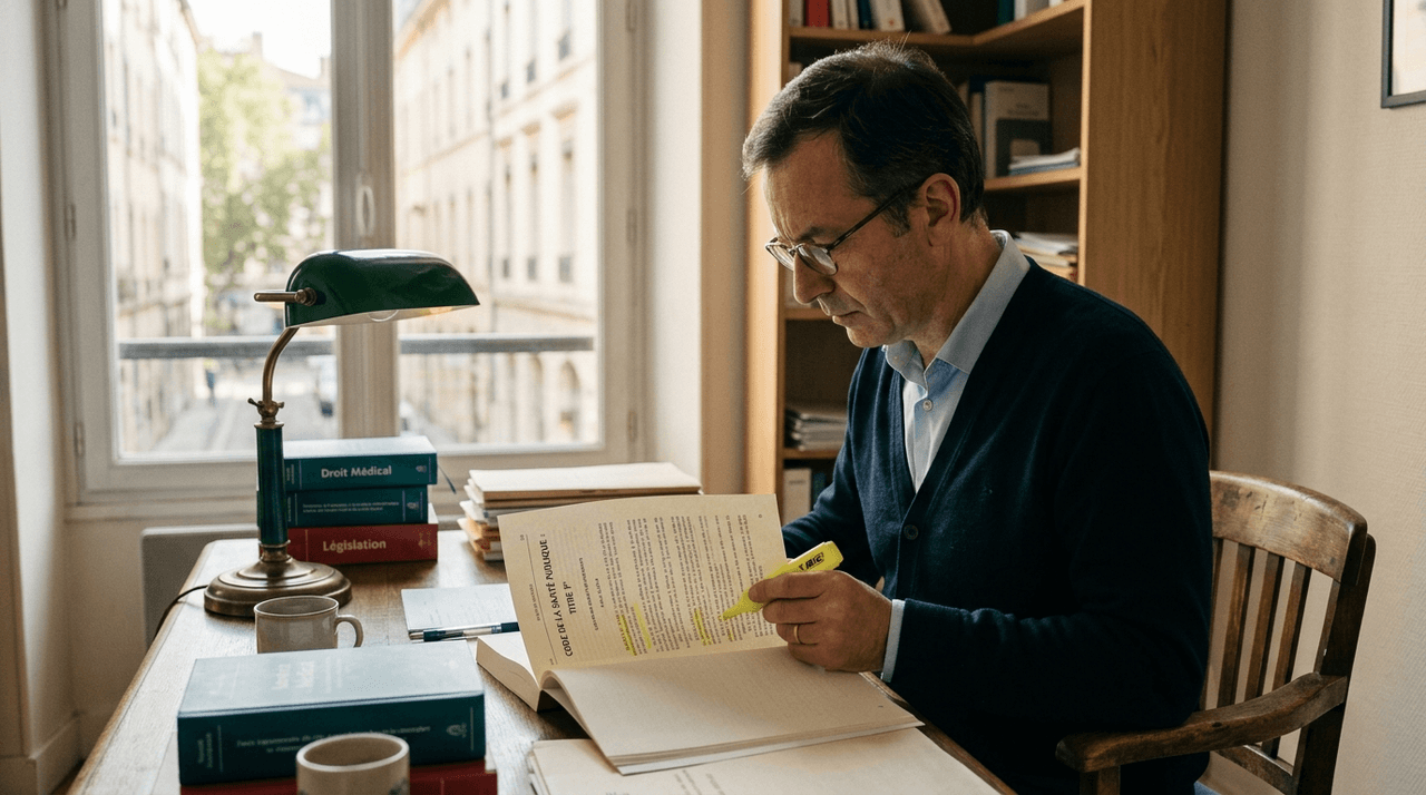 Médecin en cabinet examinant des documents législatifs, ordonnancier posé sur le bureau