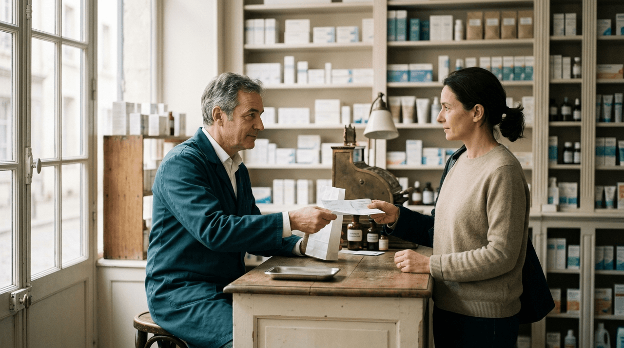 Ordonnance médicale posée sur un comptoir de pharmacie, à côté de boîtes de médicaments