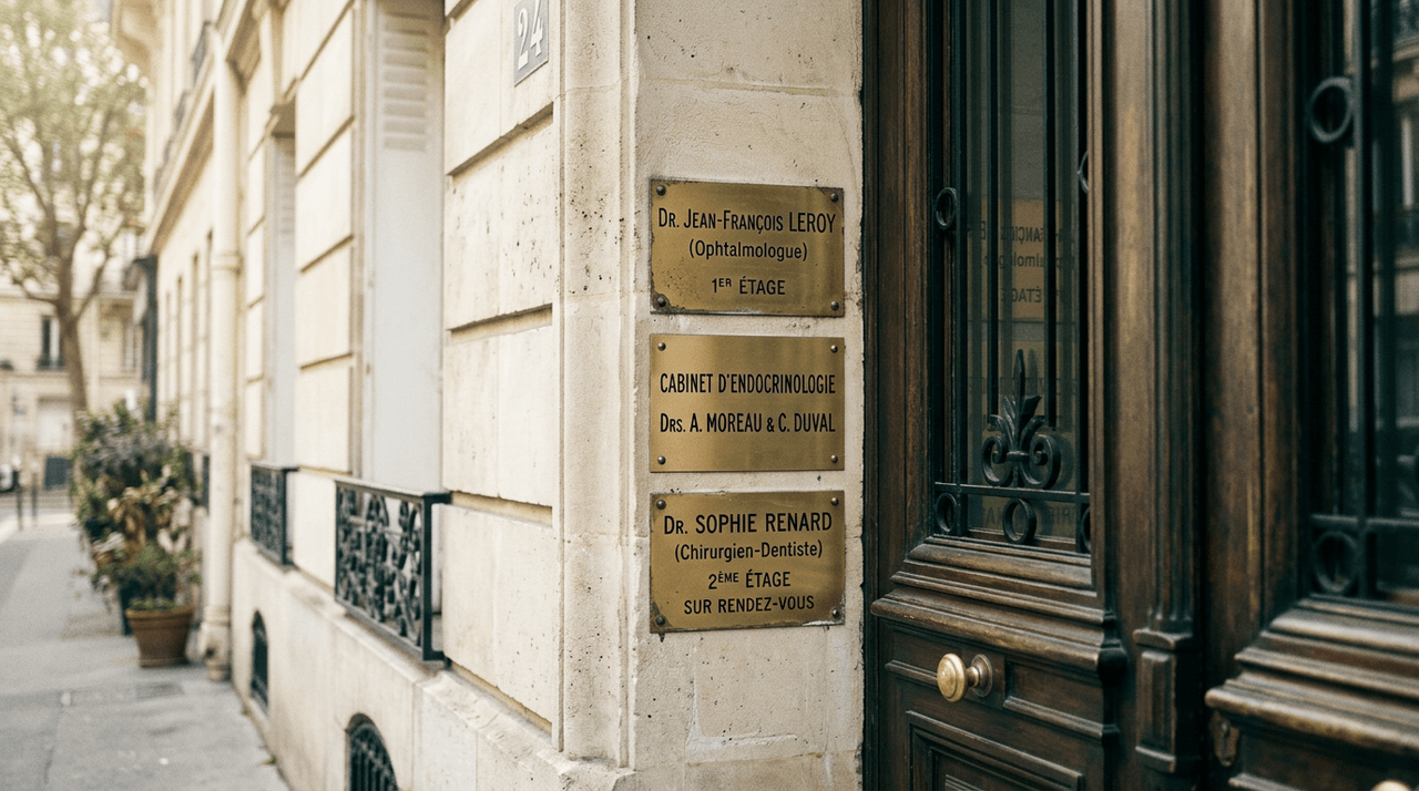 Trois portes de cabinets médicaux côte à côte symbolisant les secteurs 1, 2 et 3