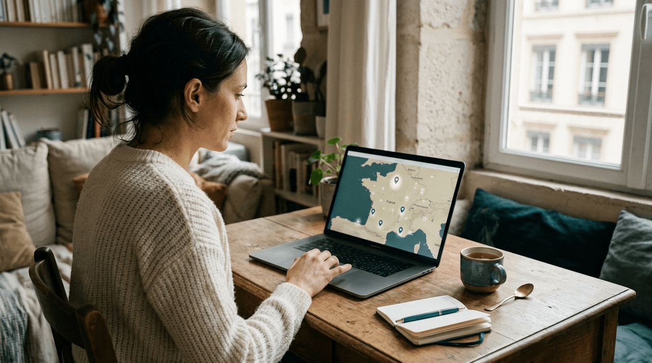 Personne consultant un annuaire de médecins sur un ordinateur portable, carte de France en arrière-plan